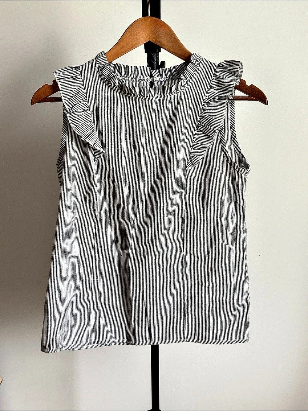 Striped Ruffle Blouse in White & Blue Like New